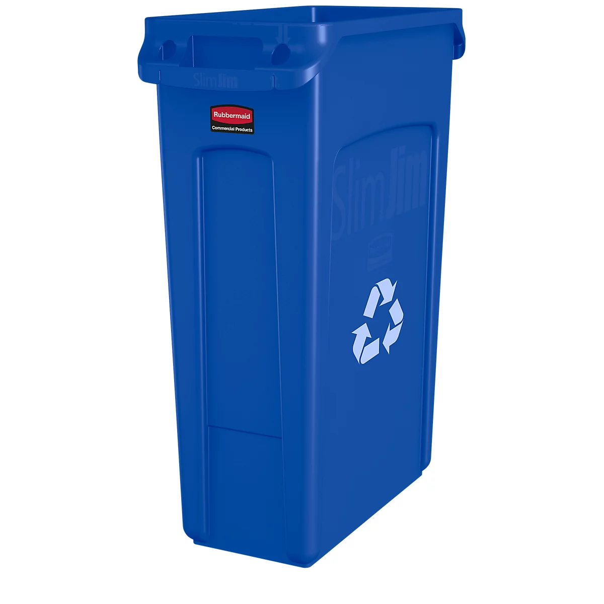 Blaues Recycling-Behälter, rechteckig, mit Recycling-Symbol.