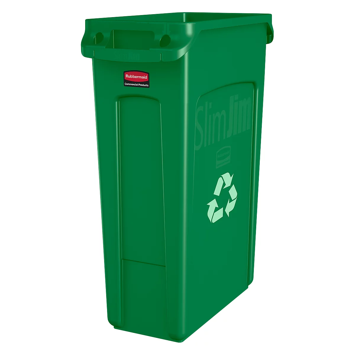 Grüne Slim Jim Recyclingtonne mit Recycling-Symbol und Markenlogo.