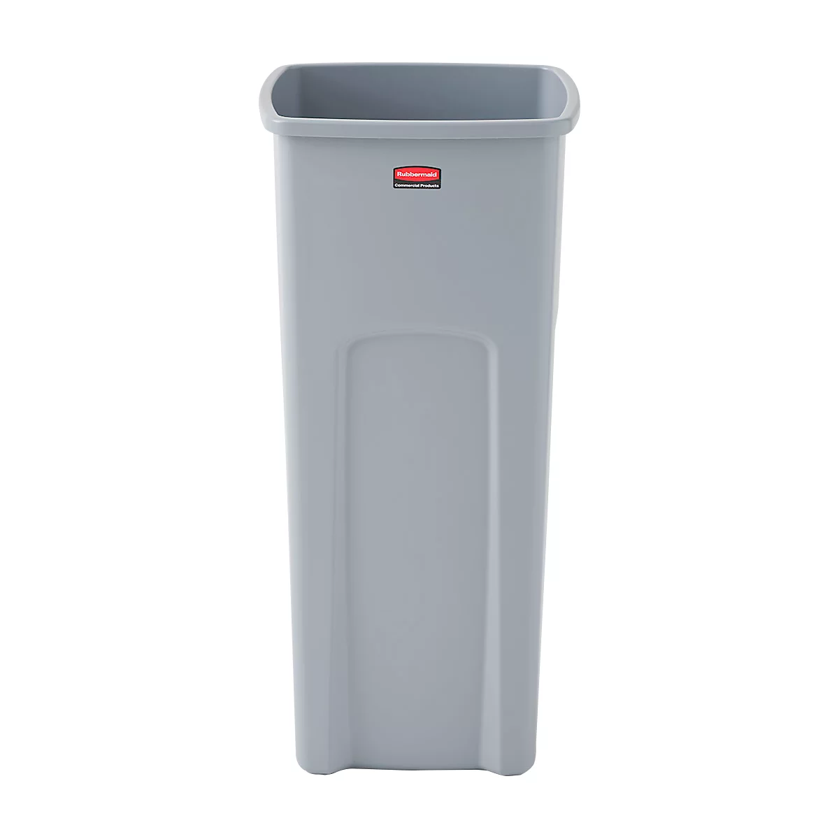 Graue, rechteckige Mülltonne mit dem roten Logo von Rubbermaid. Die Tonne hat einen eckigen Rand.
