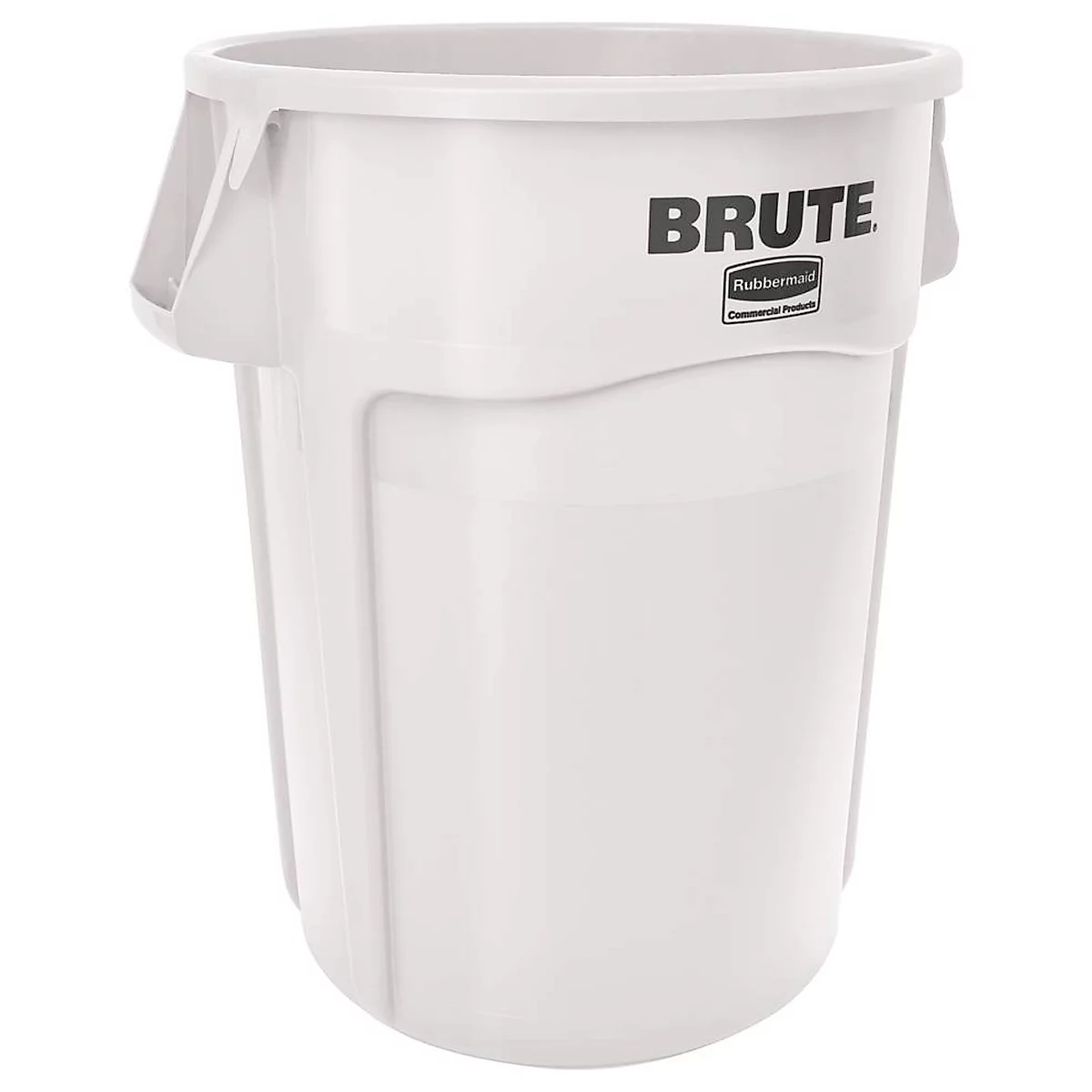 Witte vuilnisbak met "BRUTE" print. Twee handvatten aan de zijkanten. Afgeronde vorm.