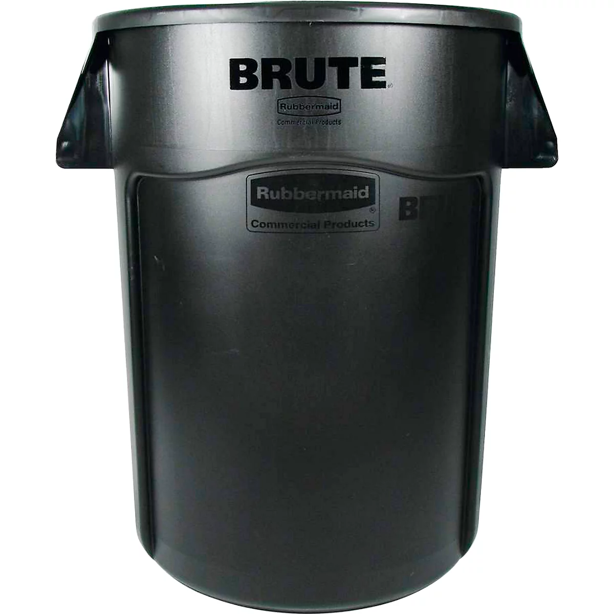 Donkere vuilnisbak met handvatten. Bovenin staat in witte letters 'BRUTE'. Daaronder het logo van 'Rubbermaid Commercial Products'.