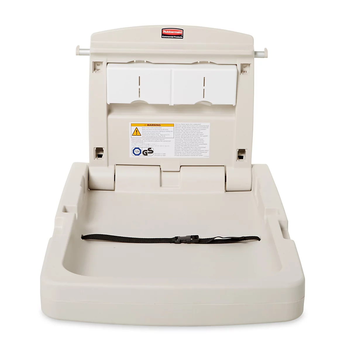 Beige Wickeltisch mit Sicherheitsgurt, geöffnet, vor weißem Hintergrund. Oben zwei weiße Aufbewahrungsfächer.