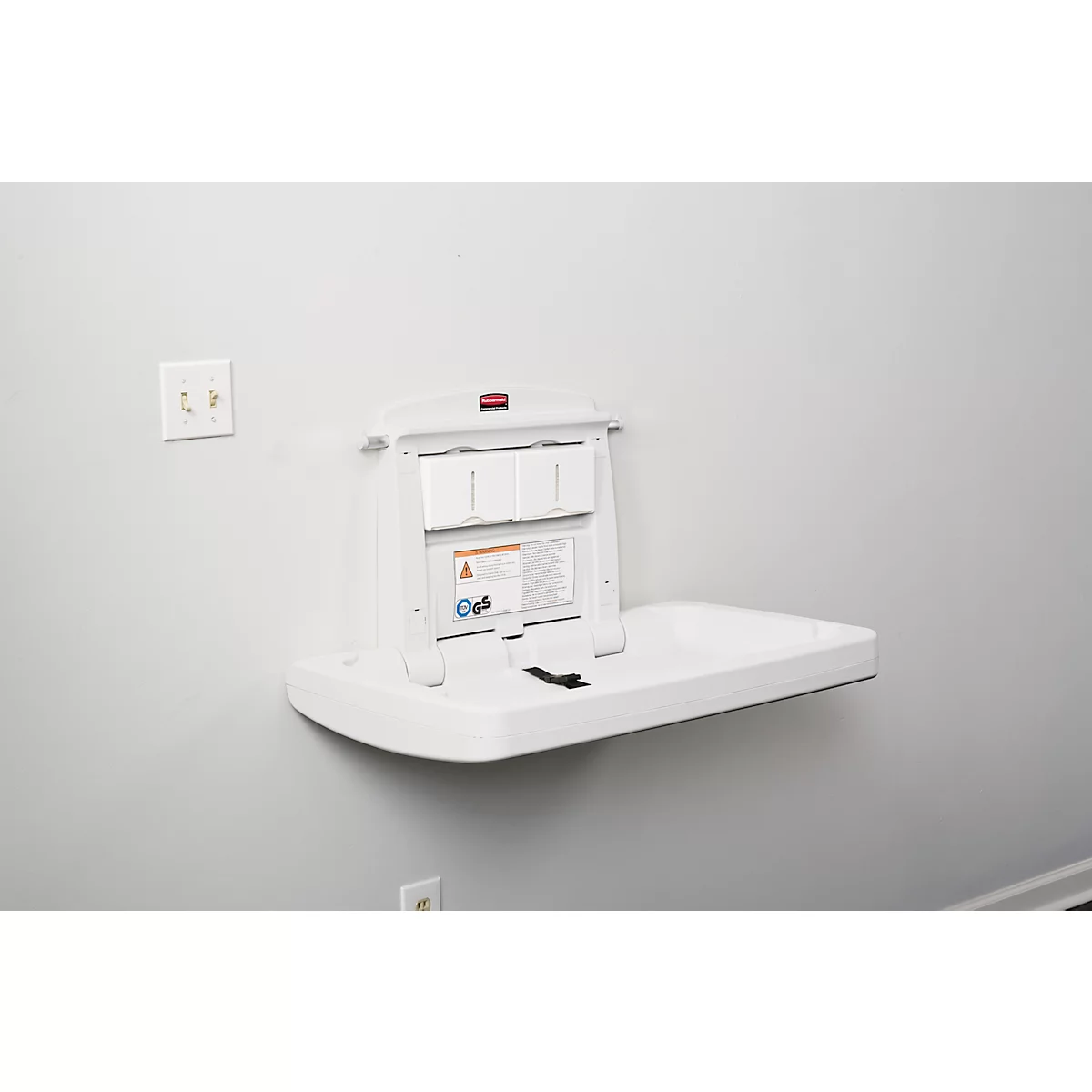 Rubbermaid® babyverschoonstation, voor horizontale wandmontage, antimicrobieel, opvouwbaar, lade, houder voor maximaal 40 documenten, PP, wit