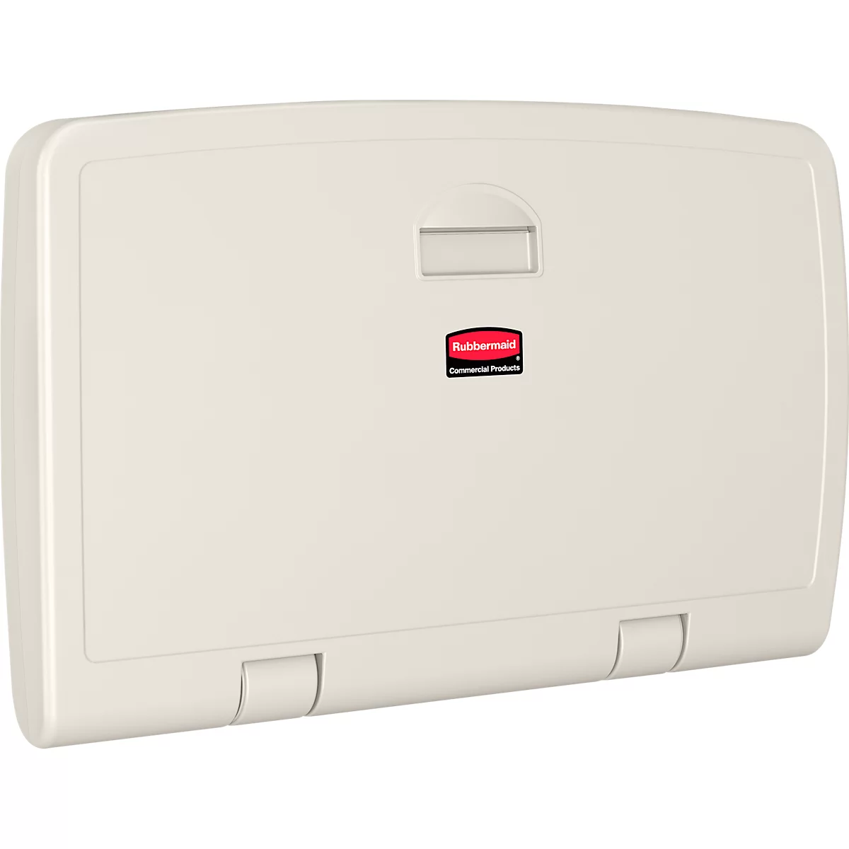 Beige aankleedtafel. Handvat bovenaan, rood logo eronder.