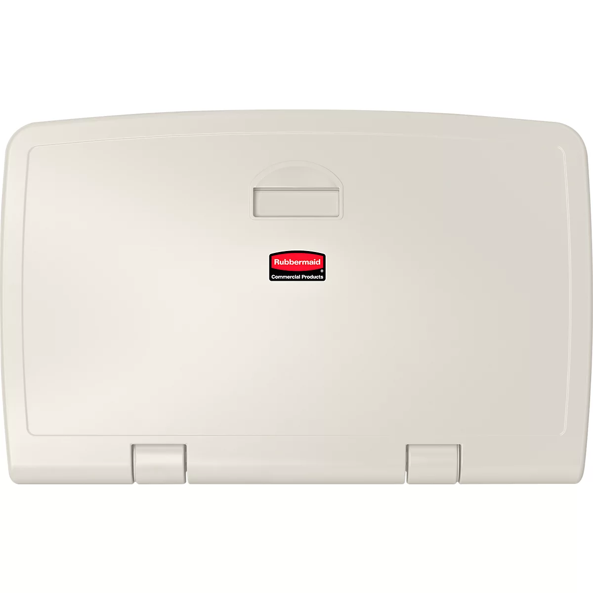 Lichtbeige aankleedtafel, gesloten deksel. Rood Rubbermaid logo.