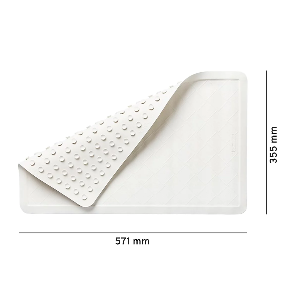 Weißer Badewannenmatten mit Noppen, teilweise angehoben, Maße: 571x355mm.