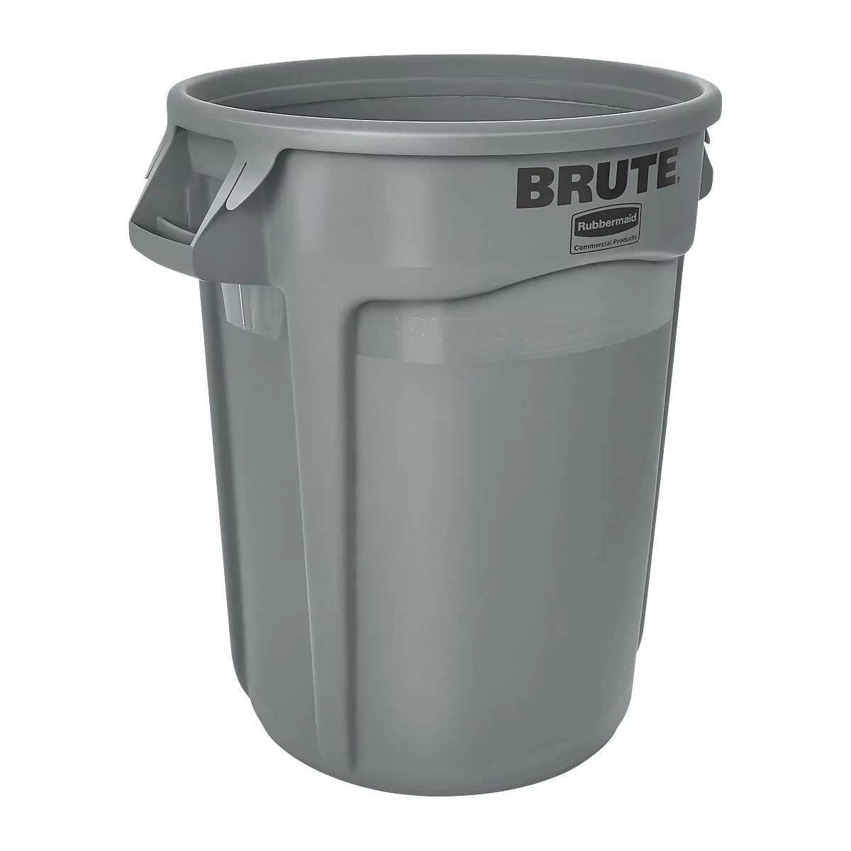 Grijze vuilnisbak met deksel en handvatten. Opschrift "BRUTE".
