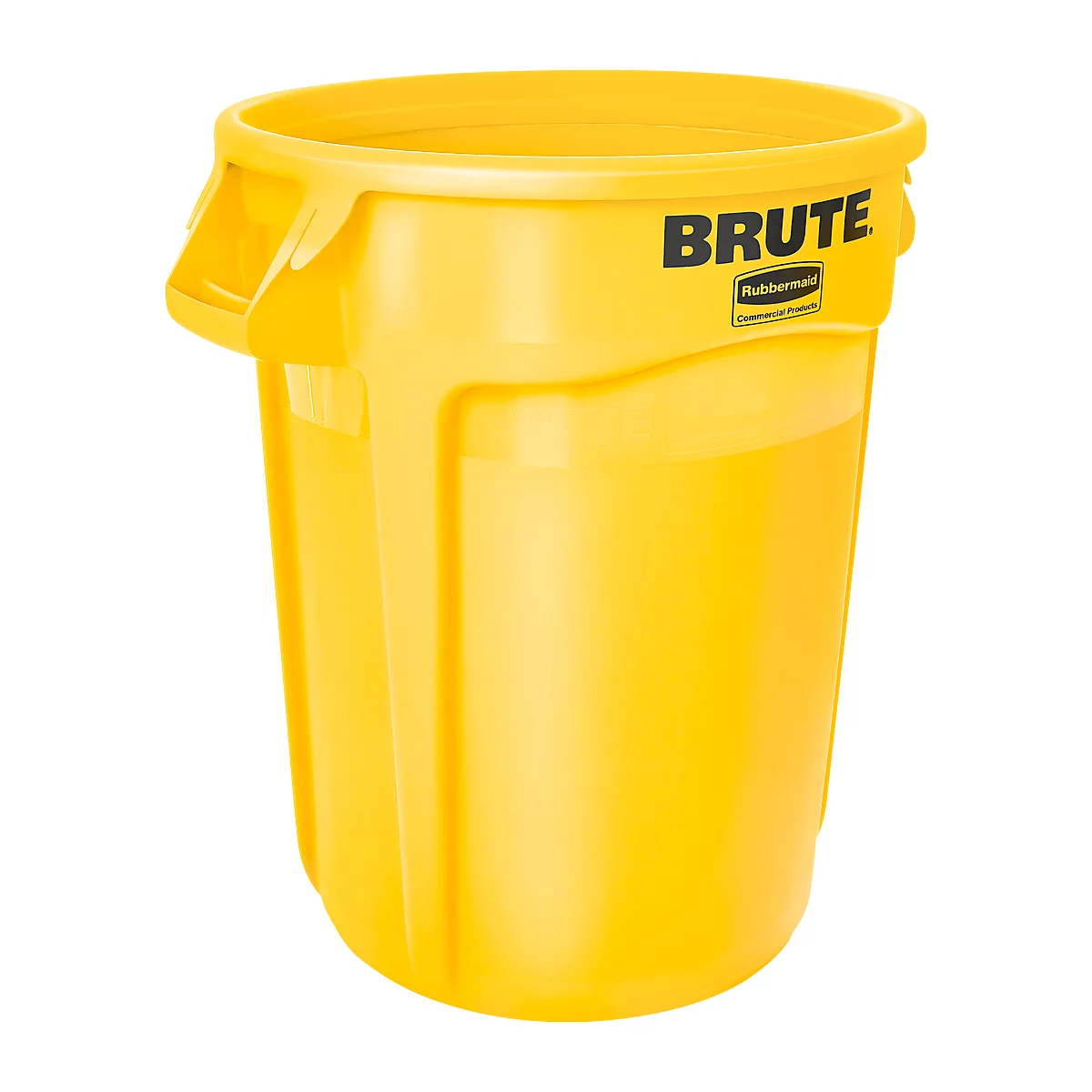 Gele vuilnisbak met deksel. Opschrift: BRUTE, Rubbermaid Commercial Products.