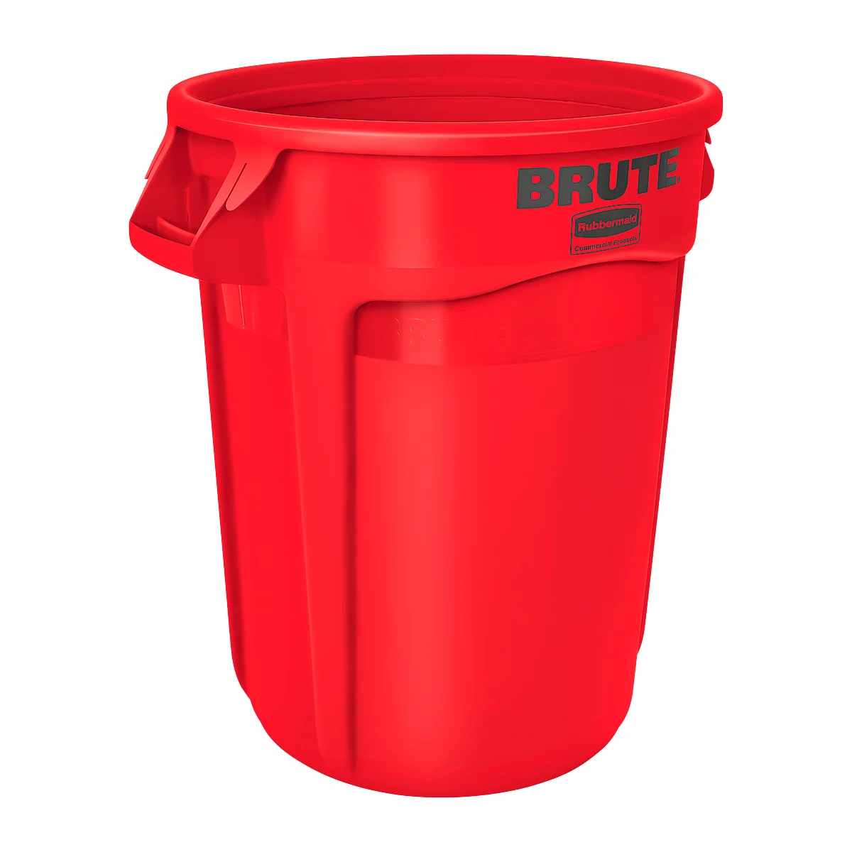 Rode Brute vuilnisbak met handvatten en de tekst "BRUTE".