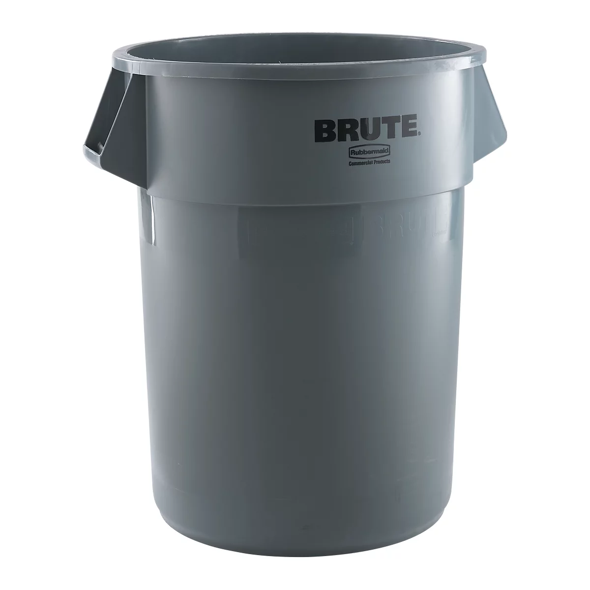 Grijze vuilnisbak met handvatten en logo.