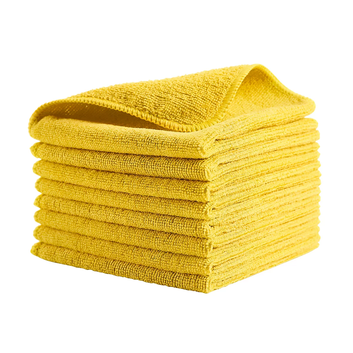 Une pile de chiffons en microfibre jaunes. Le chiffon supérieur est légèrement soulevé.