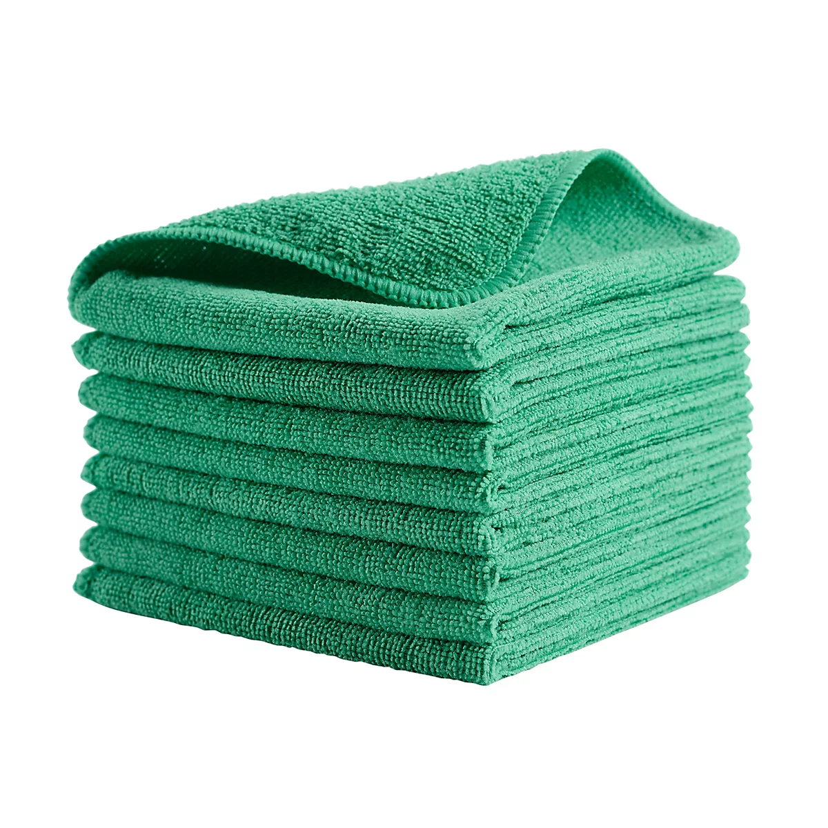 Une pile de chiffons en microfibre verts, empilés proprement et proprement.