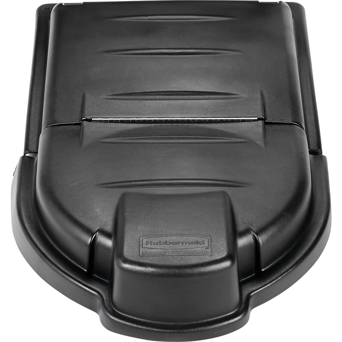 Schwarzer Mülltonnendeckel, rechteckig mit abgerundeten Ecken, mit dem Logo "Rubbermaid".