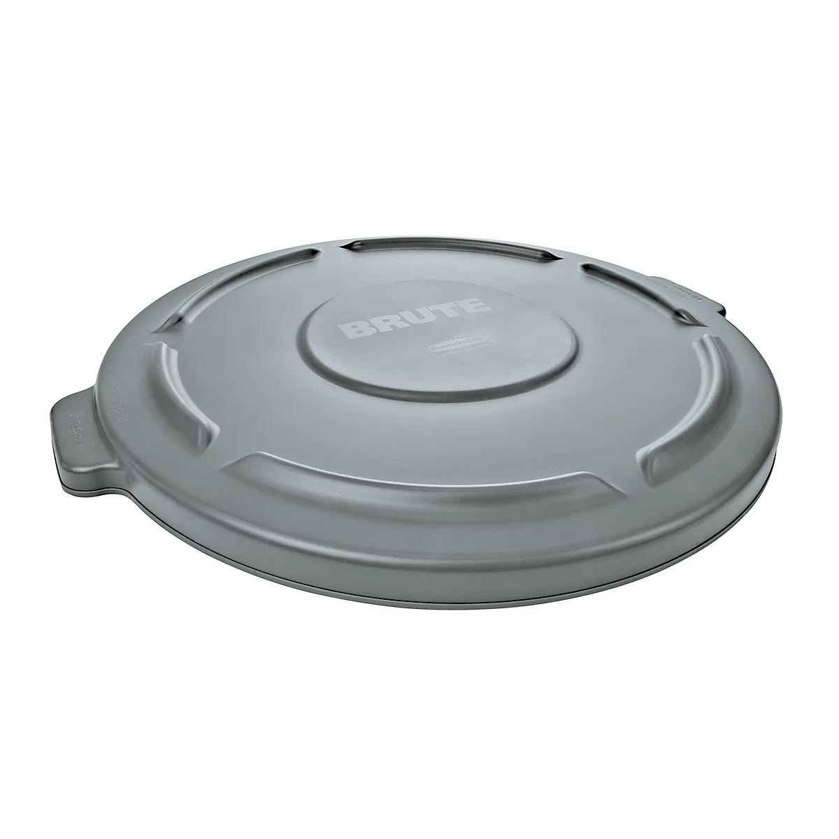 Grijze Brute vuilnisbakdeksel, plat, rond, met handvat. Het woord "BRUTE" is duidelijk zichtbaar.