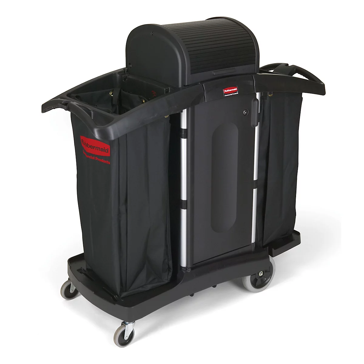 Black cleaning cart with wheels, trash can, storage compartments. Red Rubbermaid logo visible.