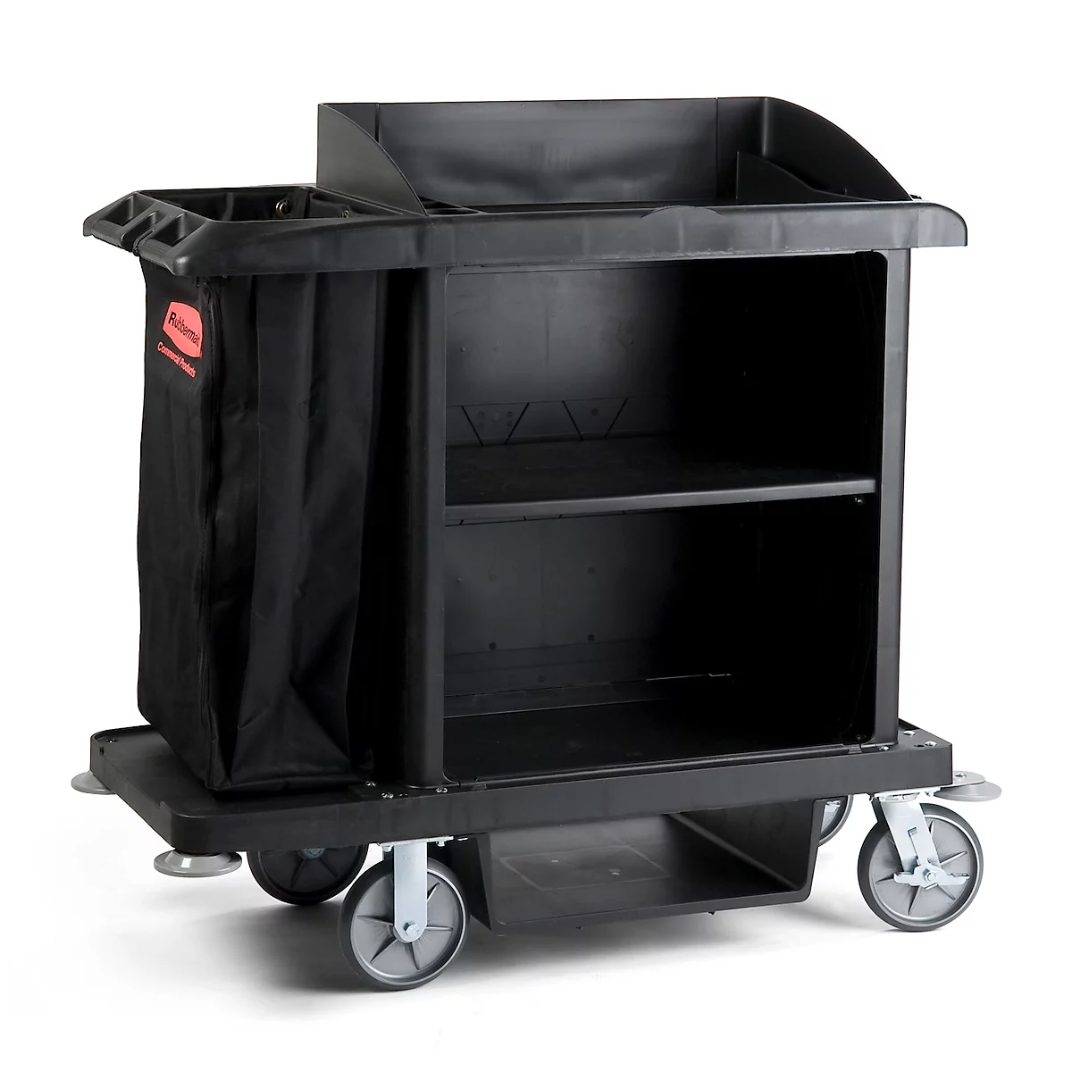 Black cleaning cart on wheels, featuring shelves, a waste bag, and a storage tray.
