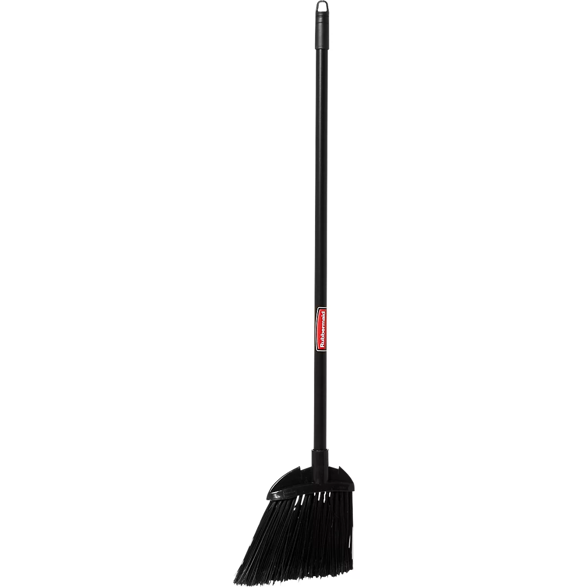 Black broom standing upright. The handle is long and straight, with a hanging hook at the top. The bristles are wide and angled.