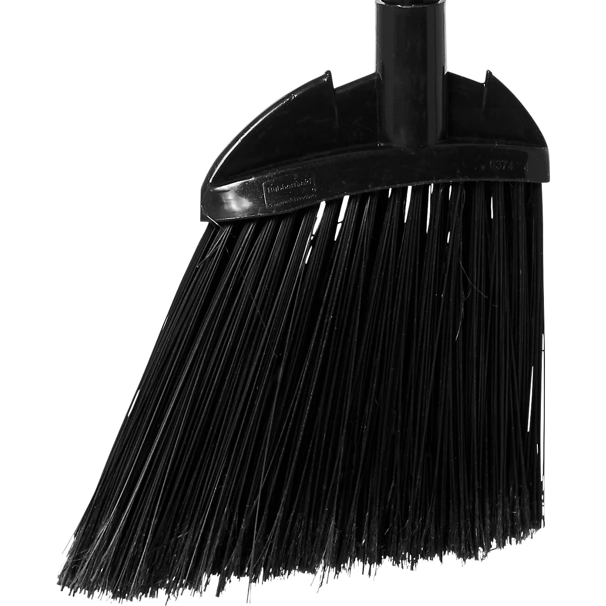 Black broom with bristles, handle base and angle. The broom is in front of a white background.