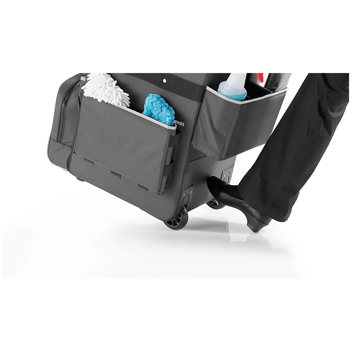 Rubbermaid® Quick Cart Chariot de nettoyage moyen, poches extérieures, pochette zippée et compartiments intérieurs, poignée télescopique, jusqu'à 18 kg, résistant à l'eau et à l'huile, Teflon®.