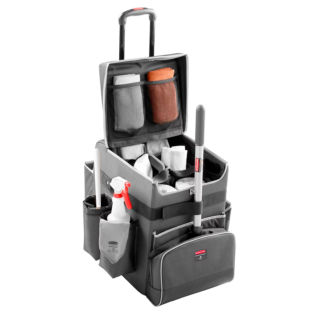 Grey cleaning trolley with many accessories. Top compartments for cloths, bottom a spray and a mop holder.
