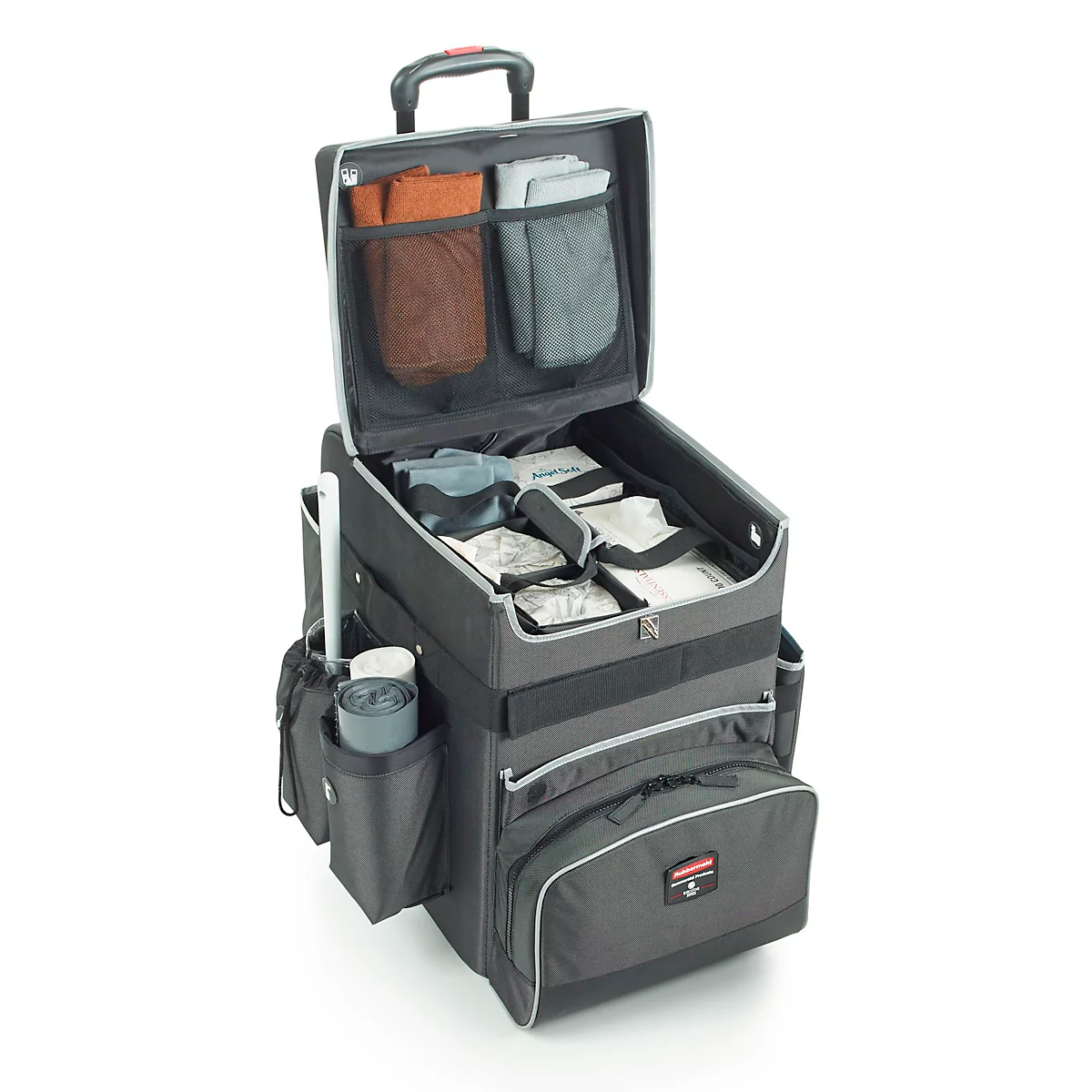 Black rolling suitcase, open, with various compartments and pockets. Handle, wheels, and several storage options.