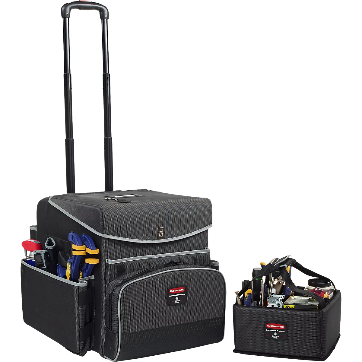 Schwarze Werkzeugtasche mit Rollen und separater Box mit Werkzeugen. Beide haben Logos.