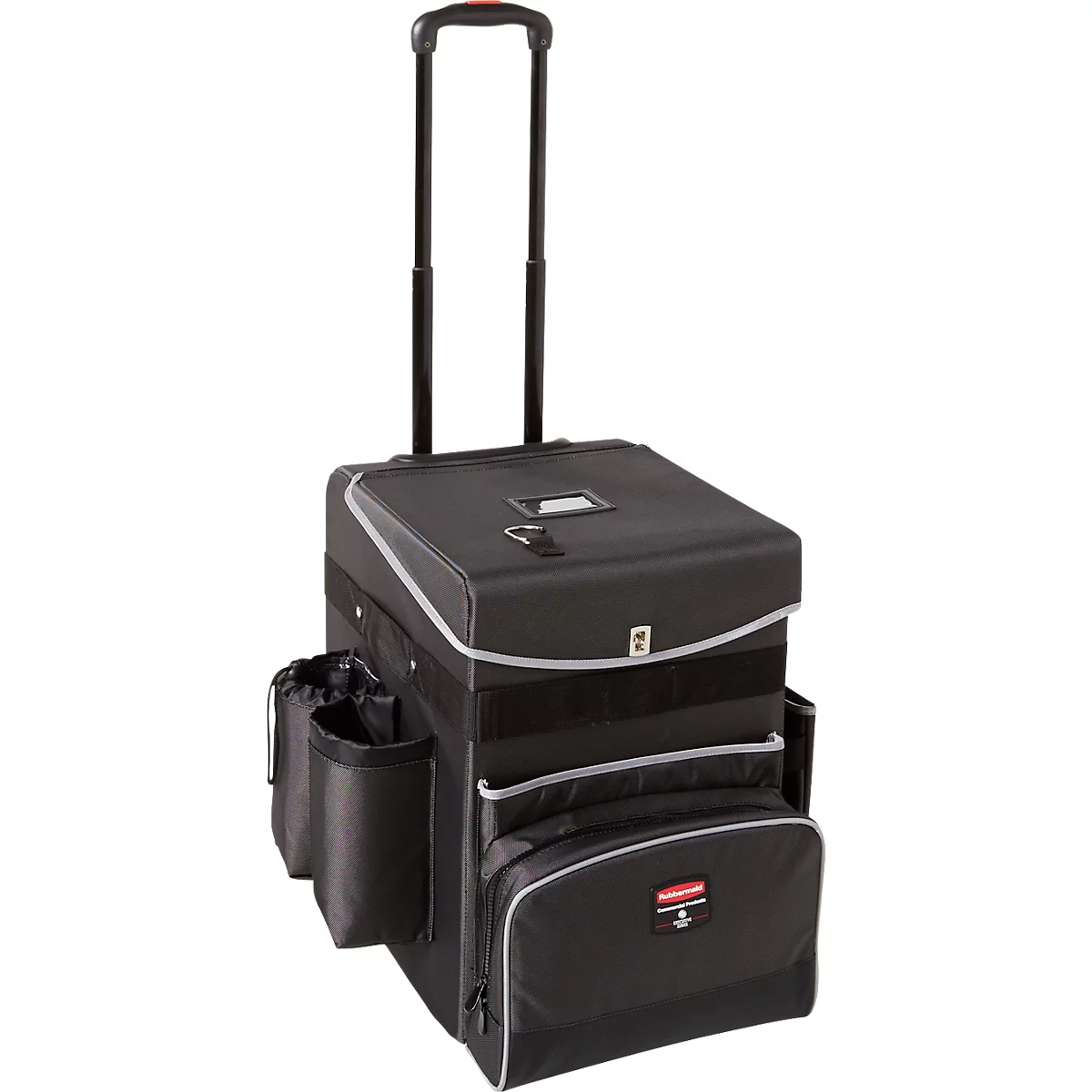 Schwarzer Trolley mit ausziehbarem Griff, Taschen, silbernen Paspeln und Logo.