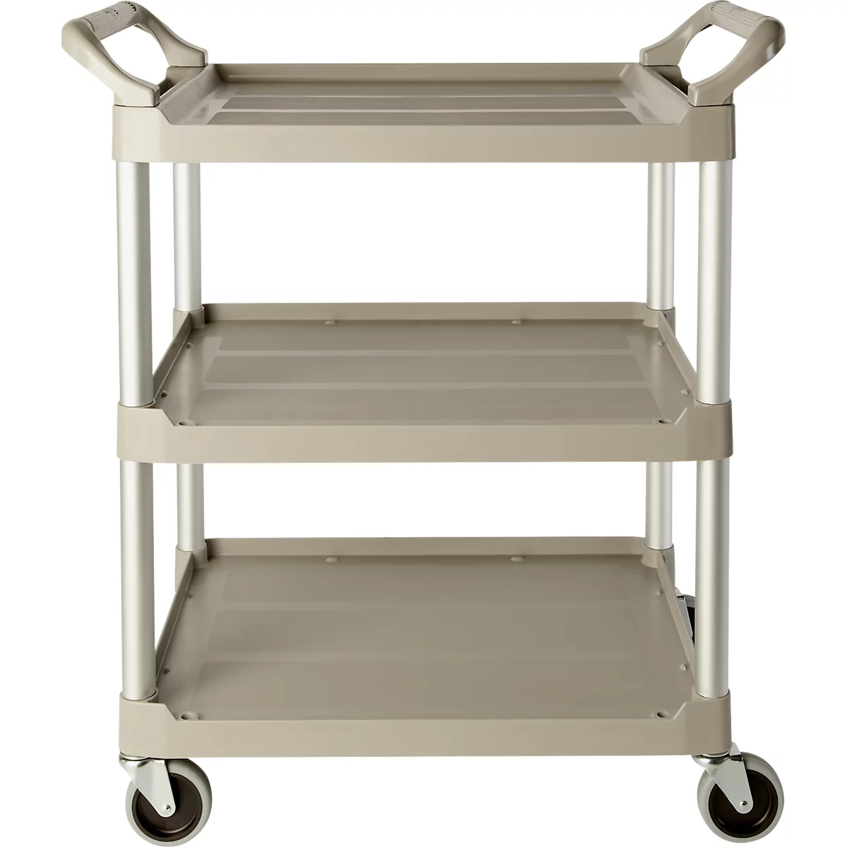 Beige serveerwagen met drie niveaus, handgrepen en wielen.