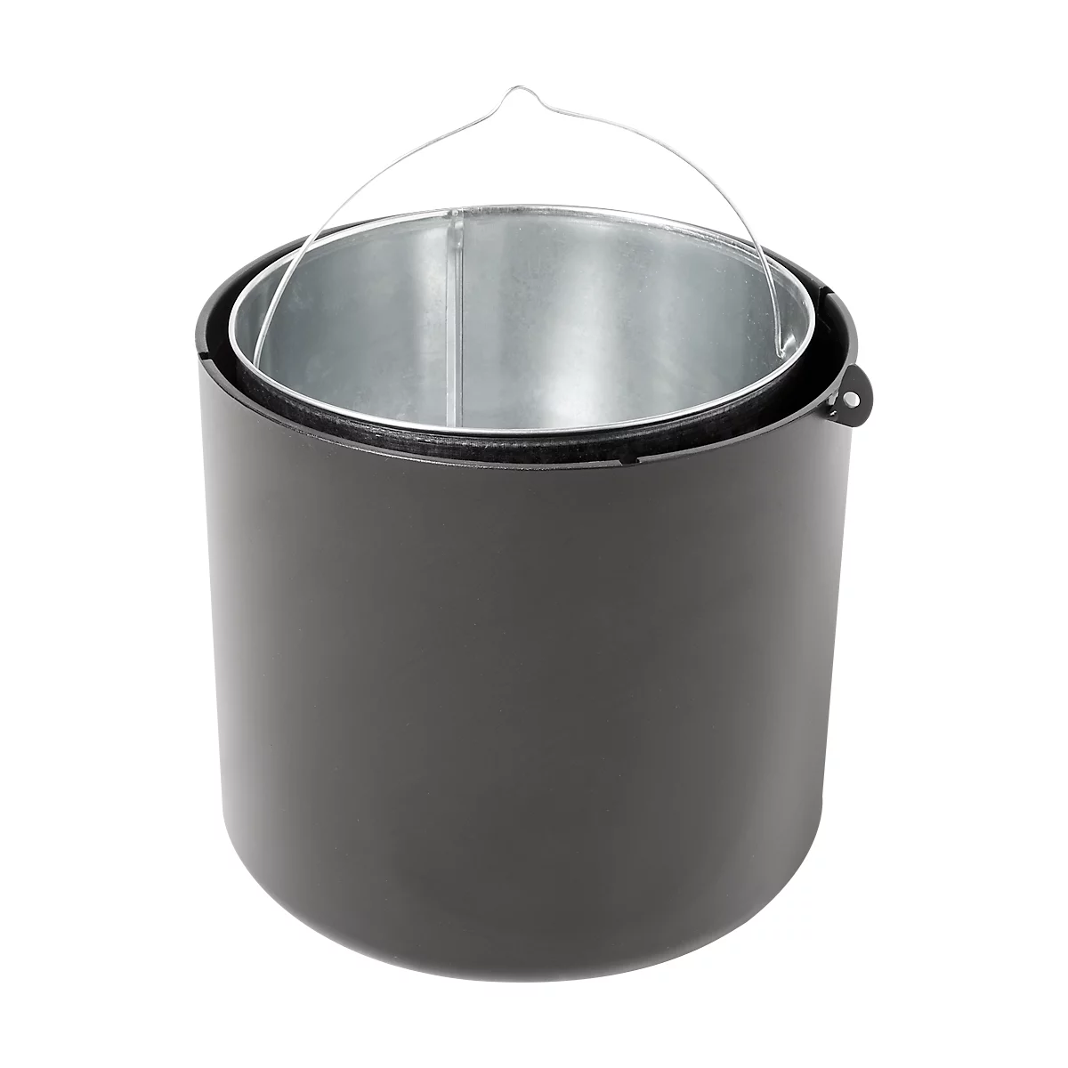 Schwarzer, zylindrischer Eimer mit silbernem Metalleimer im Inneren und Henkel.