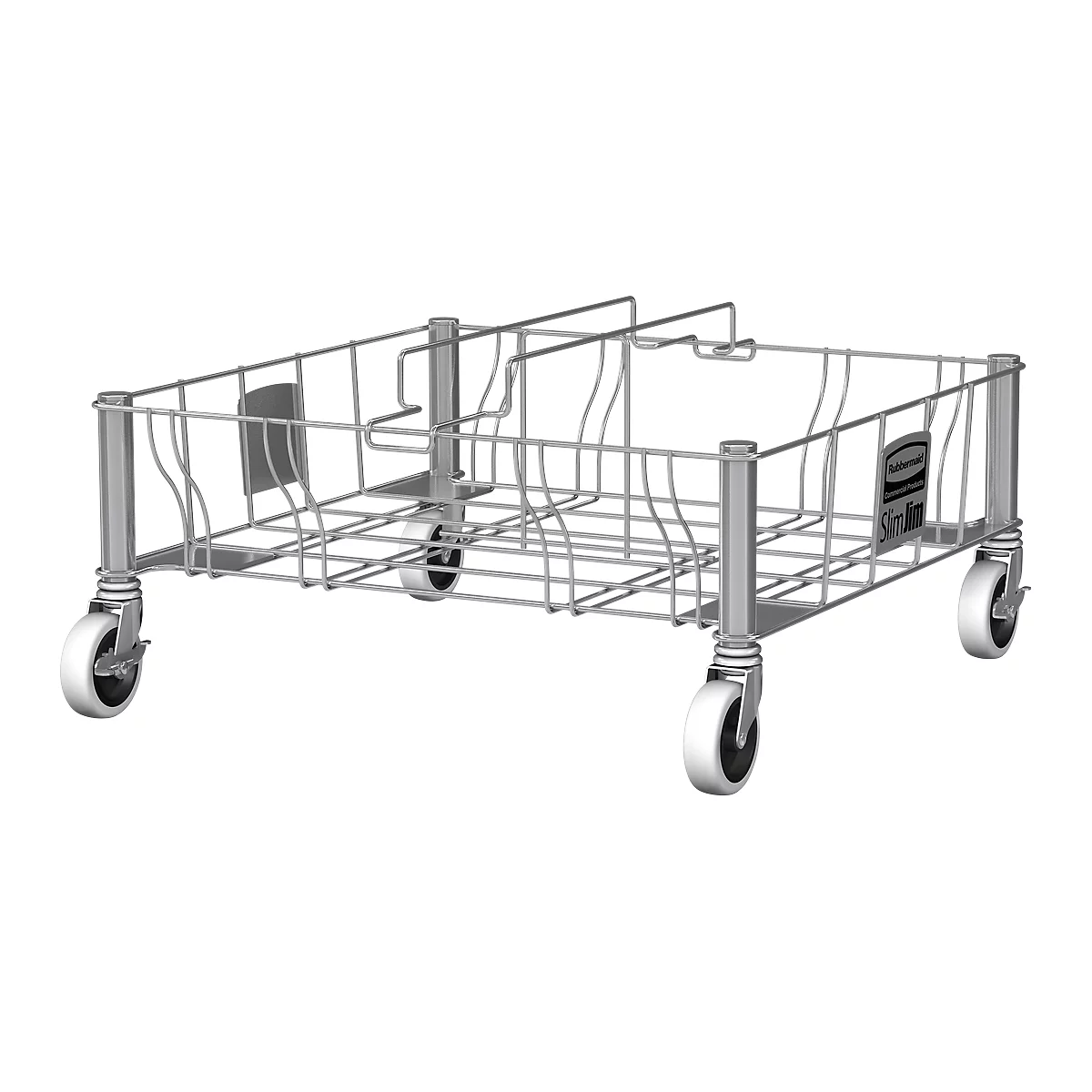 Gitterwagen mit vier Rollen, der aus Metall besteht und zum Transport verwendet wird. Er hat ein Fach im Inneren.
