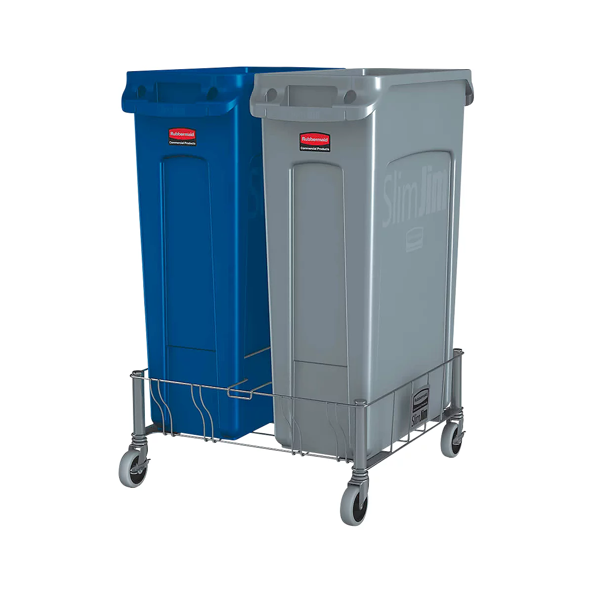 Zwei schlanke Mülltonnen, eine blaue und eine graue, stehen auf einem rollbaren Metallgestell.