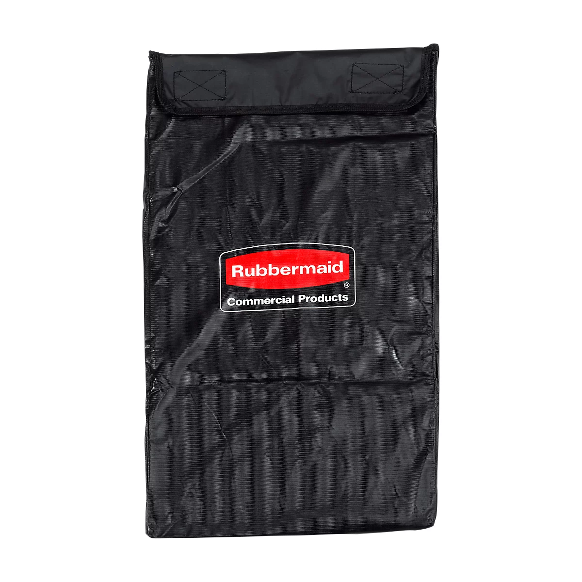 Schwarze Rubbermaid Tragetasche, rot-weißes Logo, Aufdruck.
