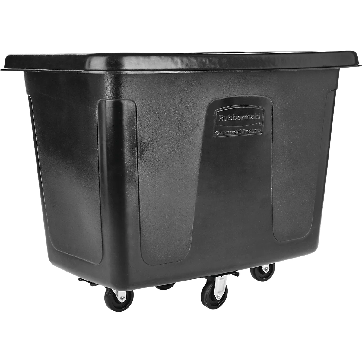 Schwarzer Wäschewagen mit Rädern. Mit dem Schriftzug Rubbermaid.