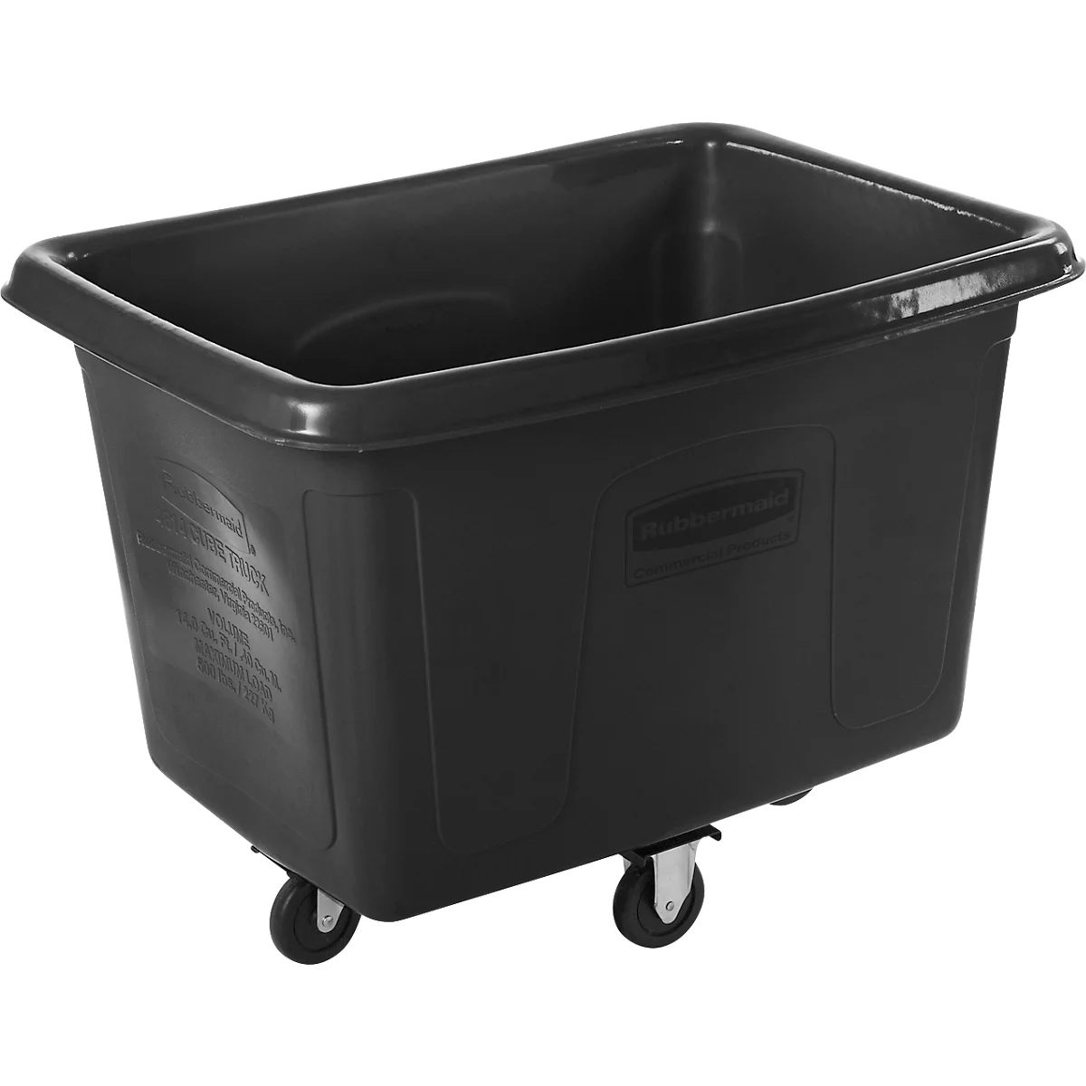 Schwarze Transportbox auf Rollen. Rechteckiger Korb mit abgerundeten Ecken und Rollen an der Unterseite. Mit Logo.