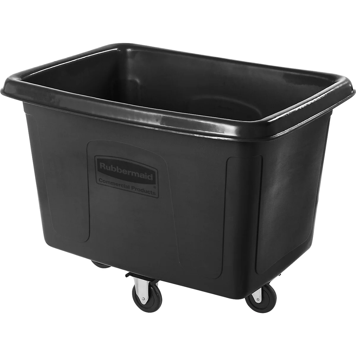 Schwarze Kunststoff-Transportwanne mit Rollen, oben offen, mit Rubbermaid-Logo.