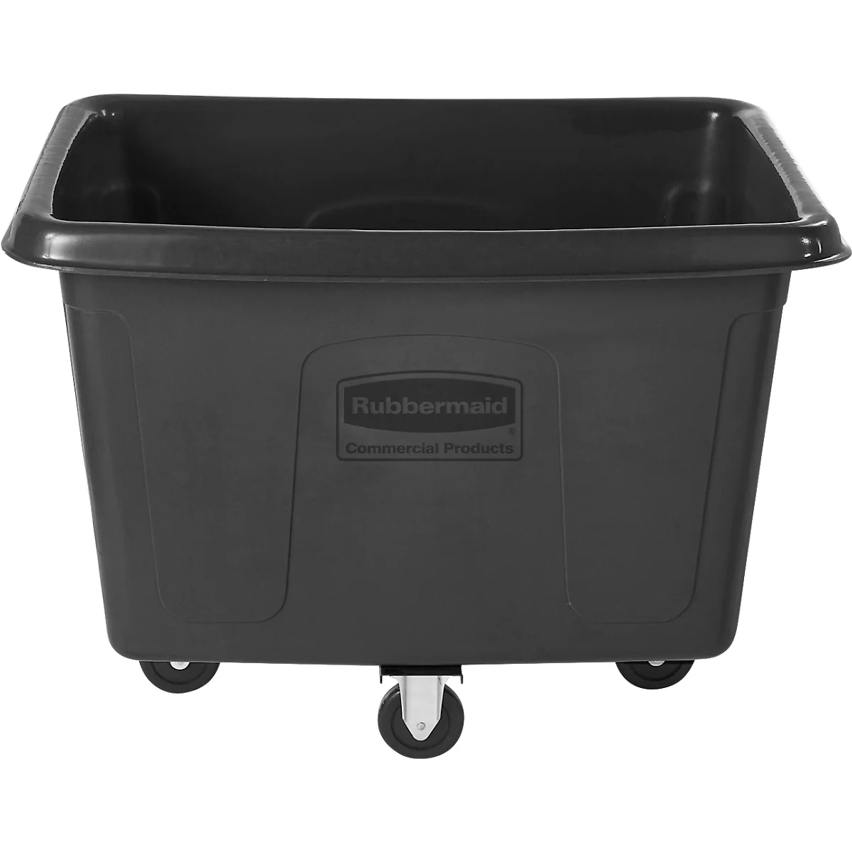 Schwarze Rubbermaid Transportbox auf Rollen mit Firmenlogo. 