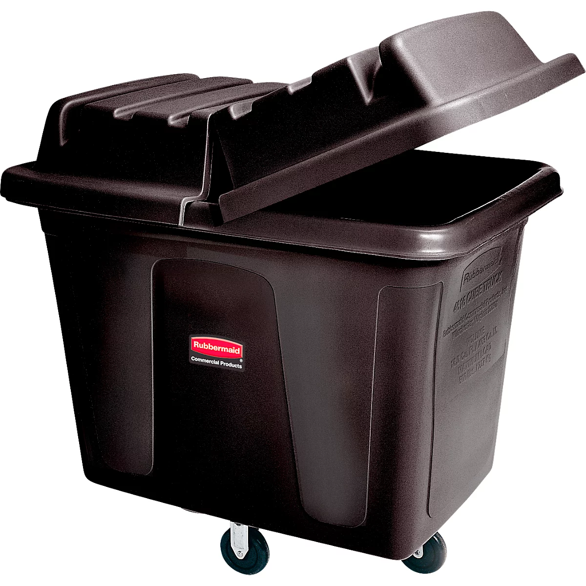 Braune Kunststoffbox mit Deckel, teilweise geöffnet, auf Rollen. Vorne ist ein rotes Logo sichtbar.