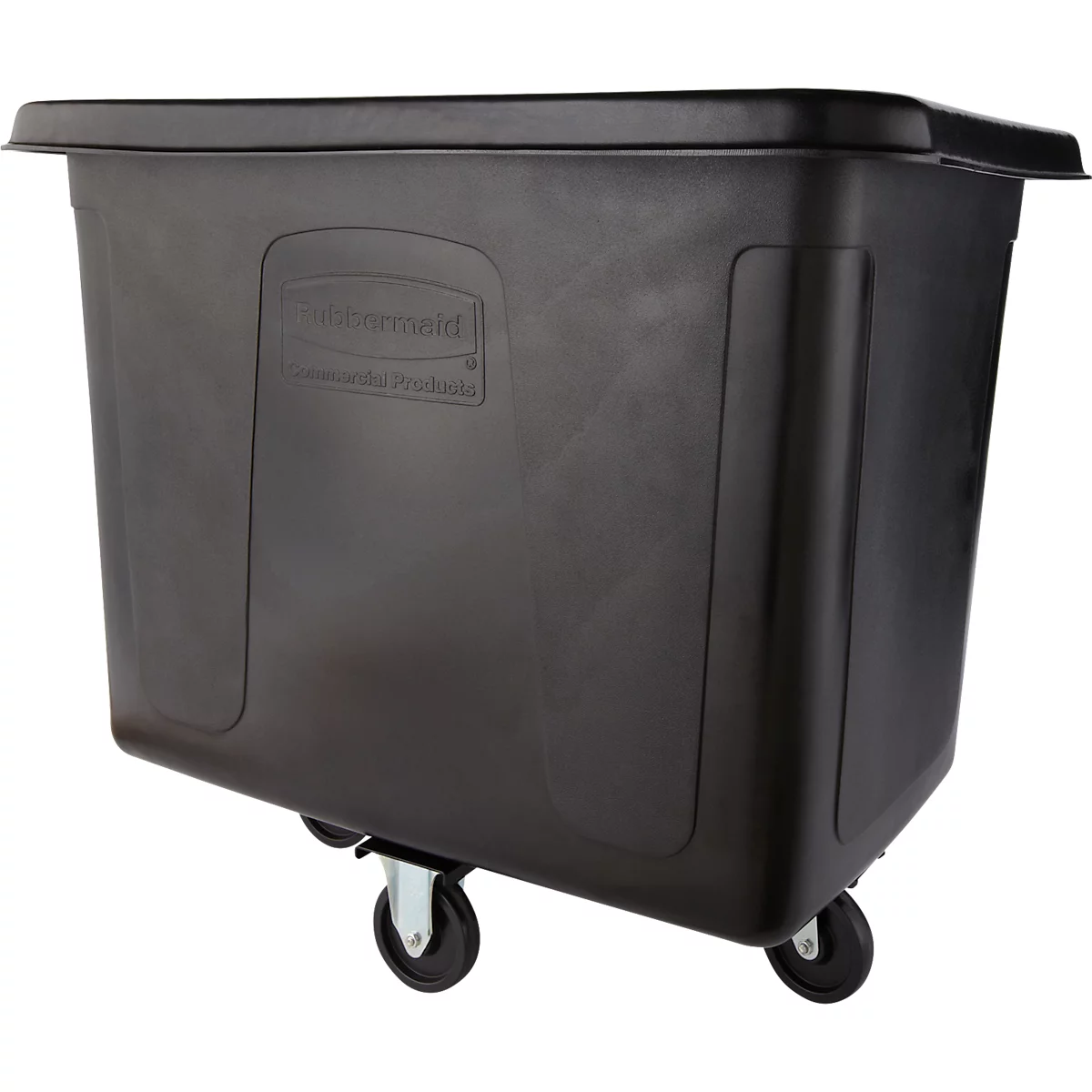 Schwarze Transportbox auf Rollen. Auf der Seite ist das Rubbermaid Logo zu sehen.