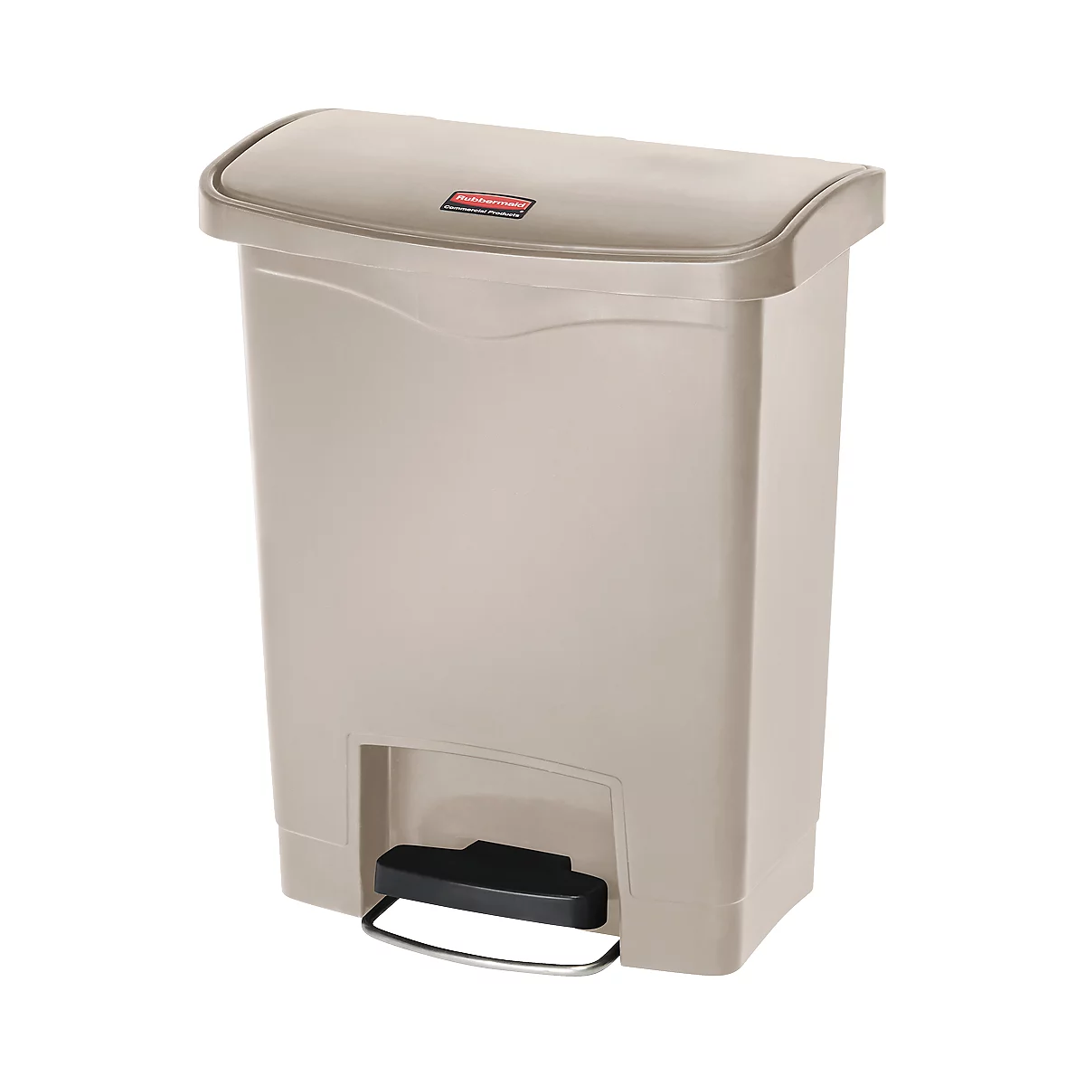 Beigefarbener Mülleimer mit Deckel und Fußpedal. Oben ist ein rotes Rechteck mit "Rubbermaid".