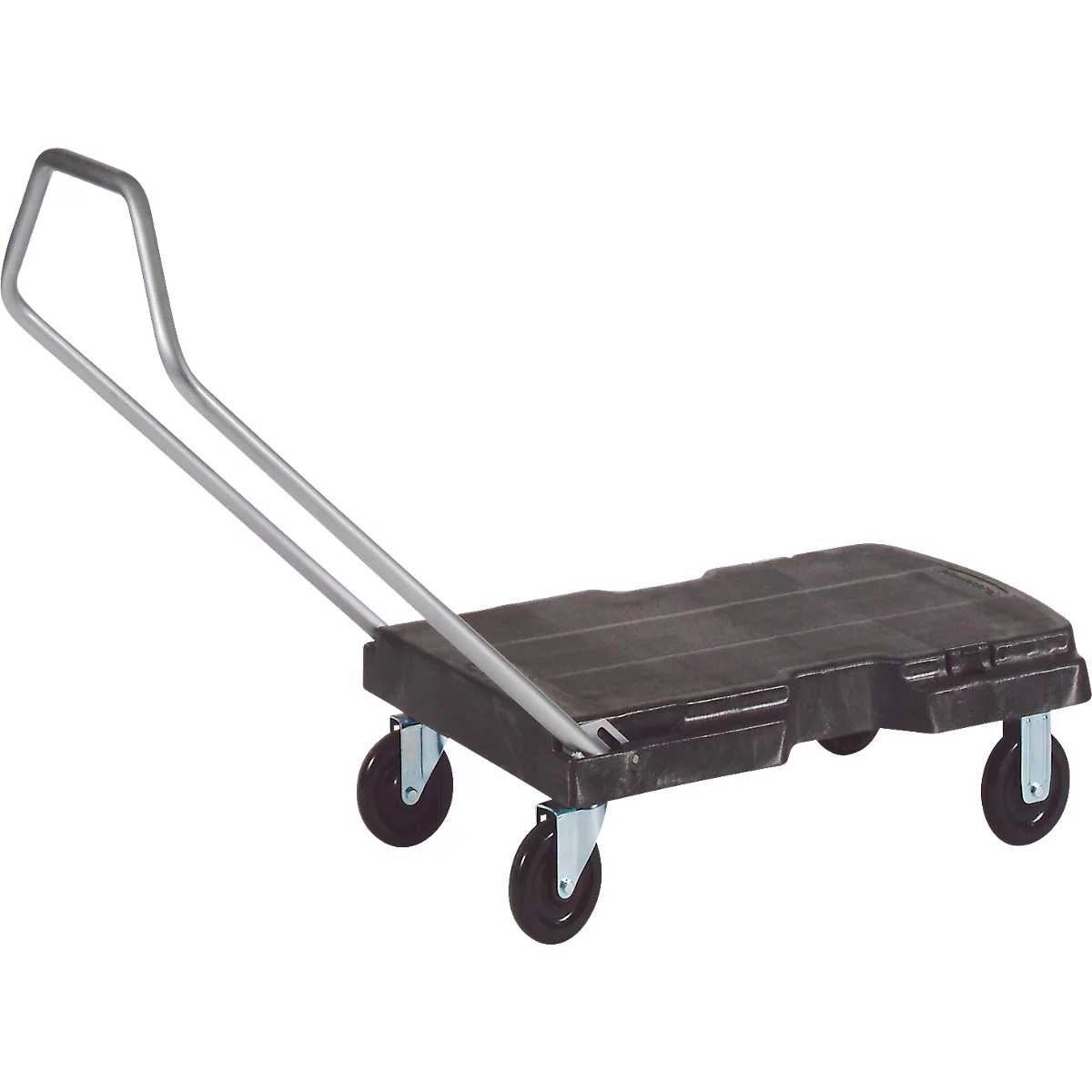Chariot à plateforme noir avec barre argentée. Quatre roues, détaillé.