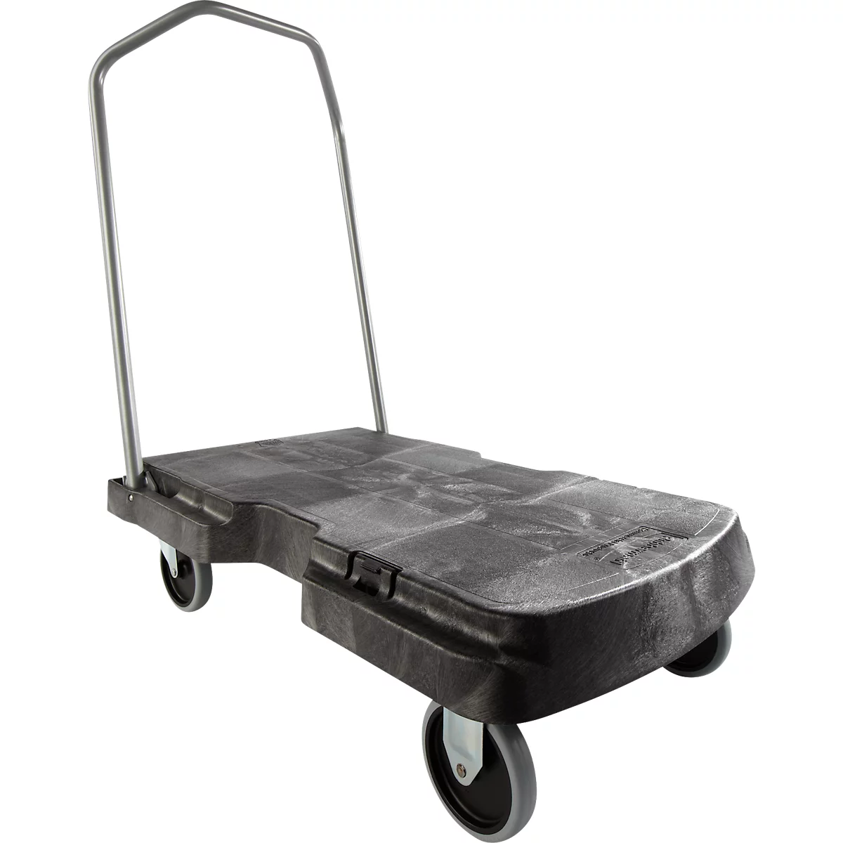 Chariot noir avec poignée argentée et quatre roues grises. La zone de chargement est rectangulaire.