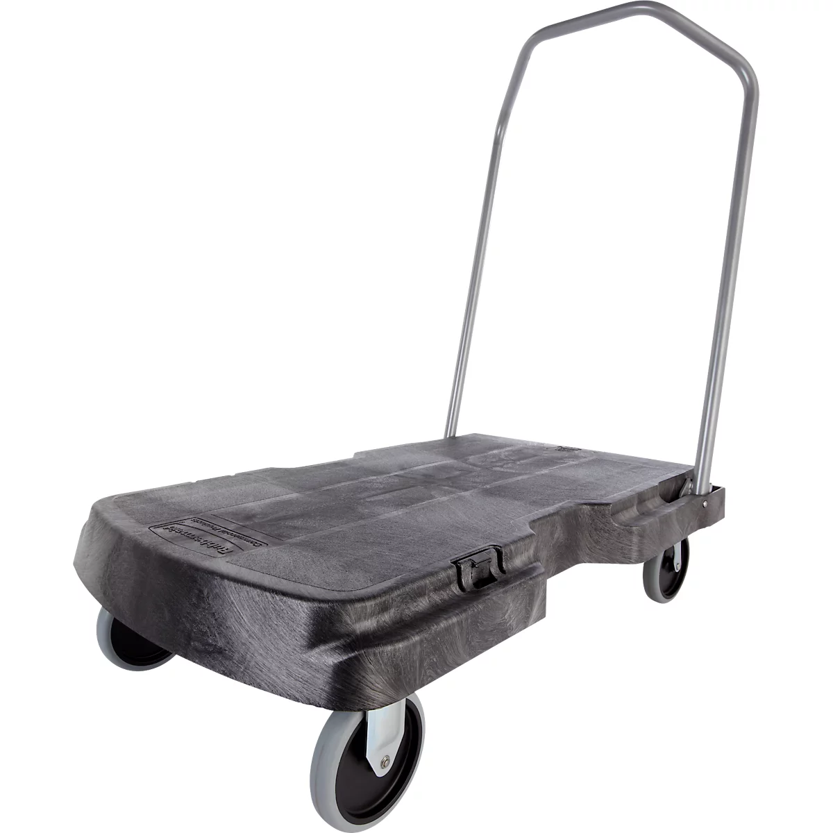 Dunkelgrauer Transportroller mit Griff und vier Rollen. Das Produkt steht vor weißem Hintergrund.