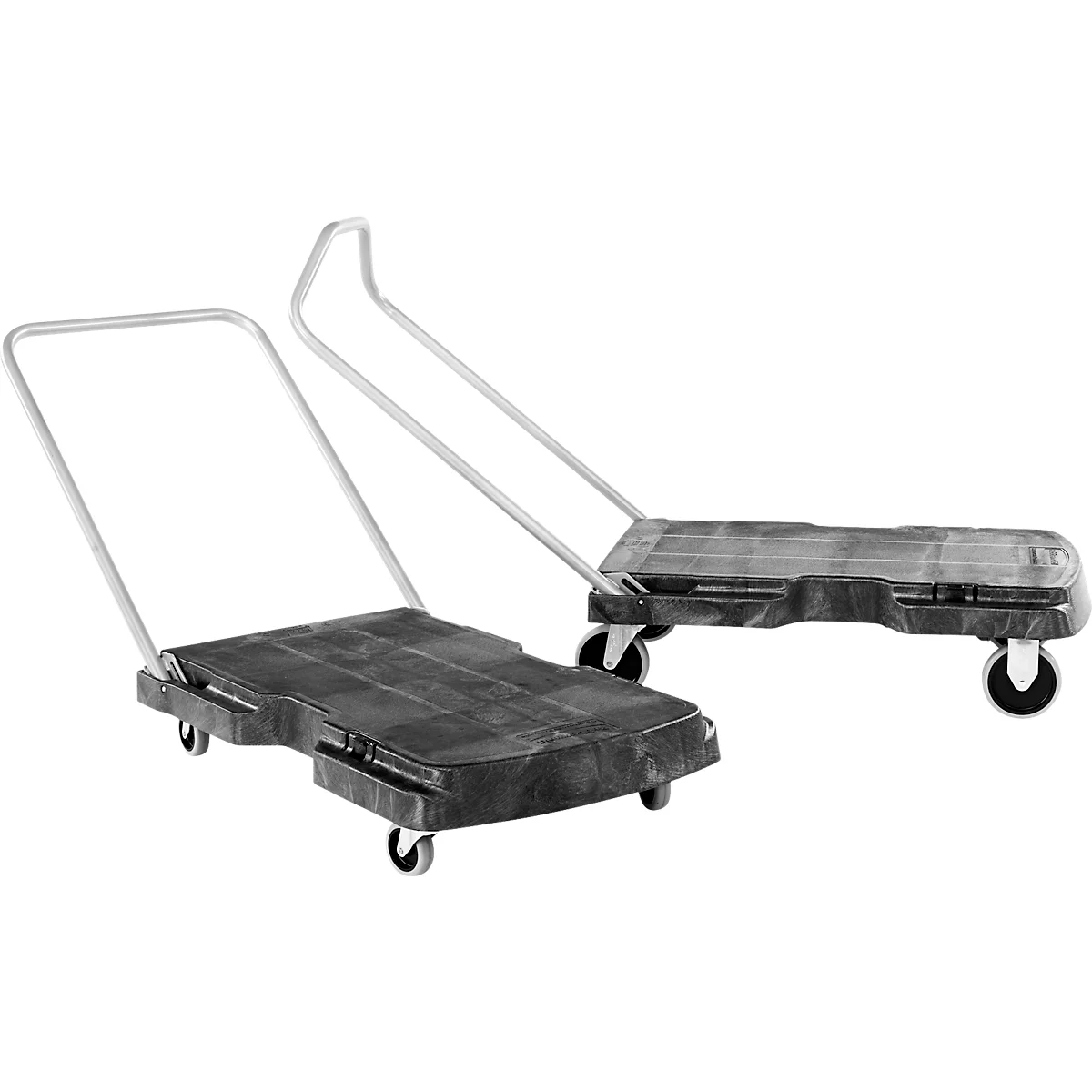 Zwei schwarze Transportroller mit Metallgriffen und Rädern stehen auf weißem Grund.