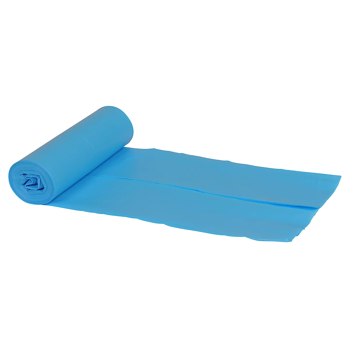 A roll of light blue trash bags, partially unrolled. The background is white.