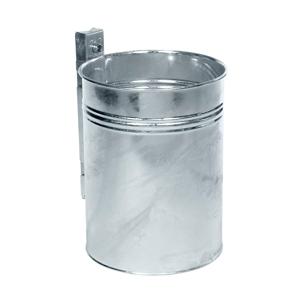 Cylindrical metal waste bin with holder, isolated.