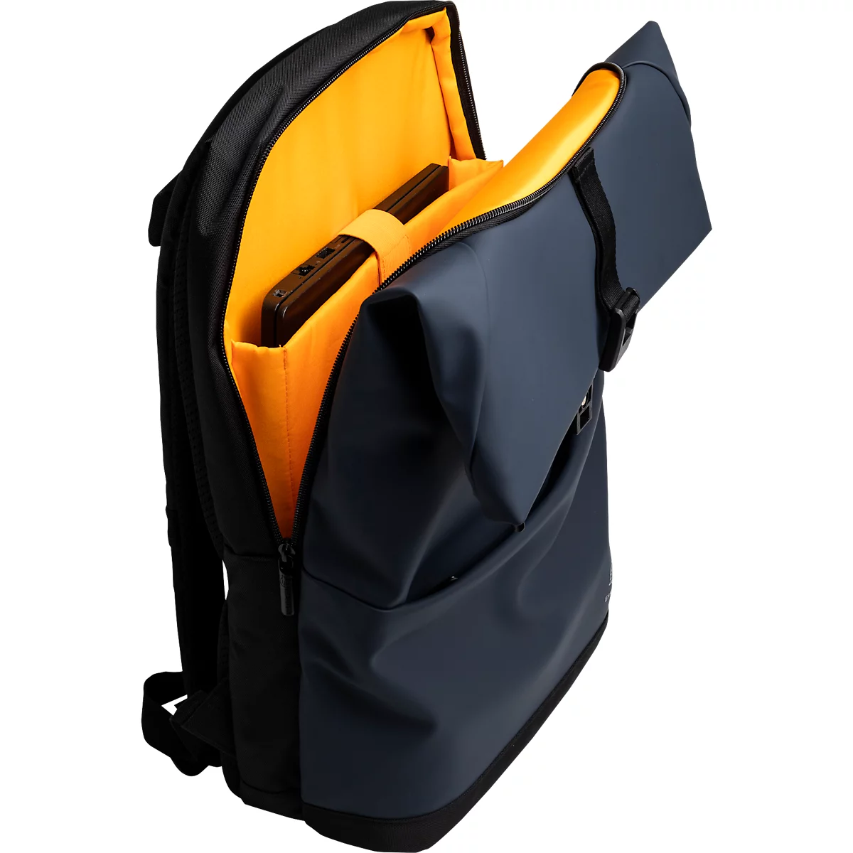 Schwarzer Rucksack mit geöffneter Klappe. Innen gelb gefüttert mit einem Laptop.