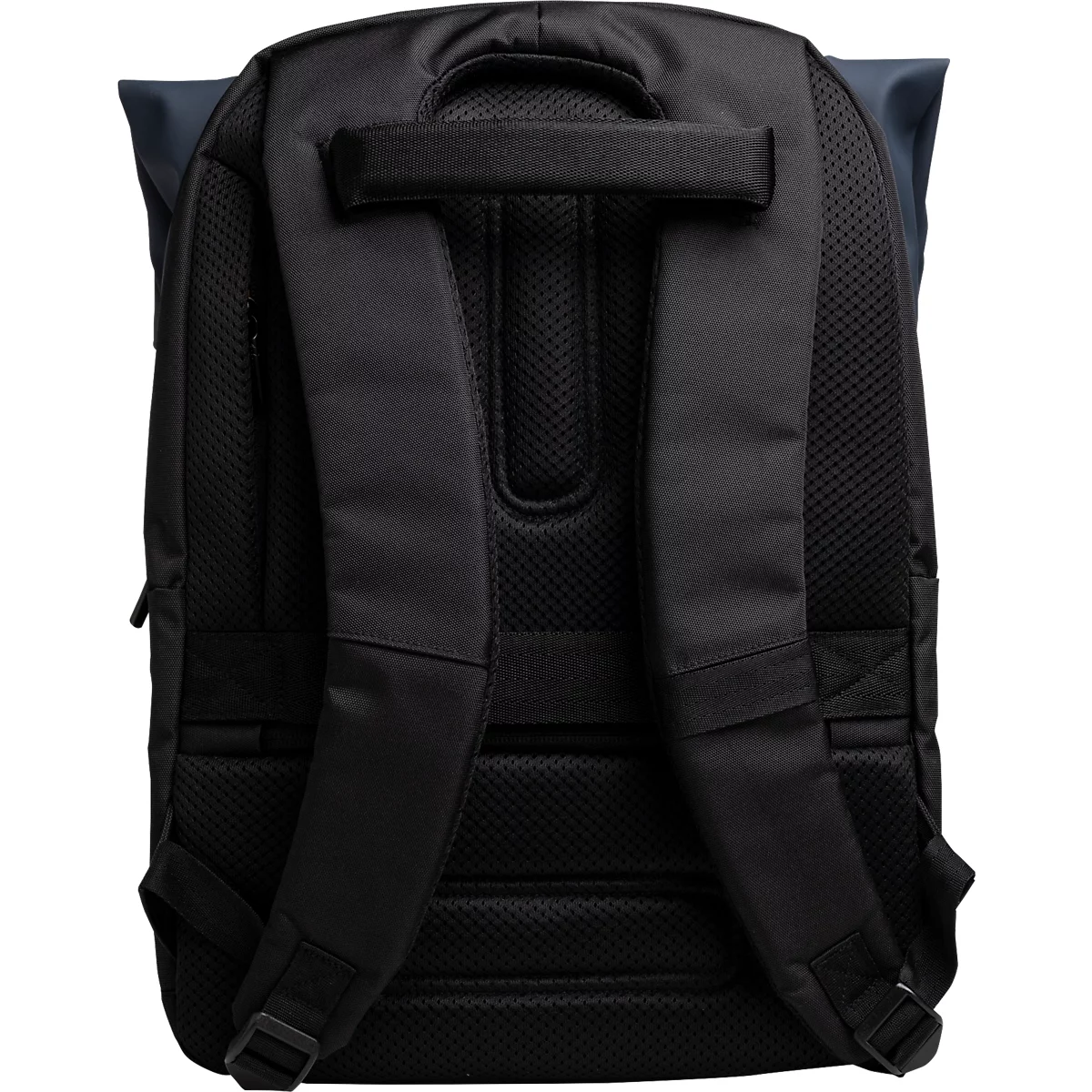 Schwarzer Rucksack von hinten. Gepolsterter Rücken mit zwei Schultergurten und Tragegriff.