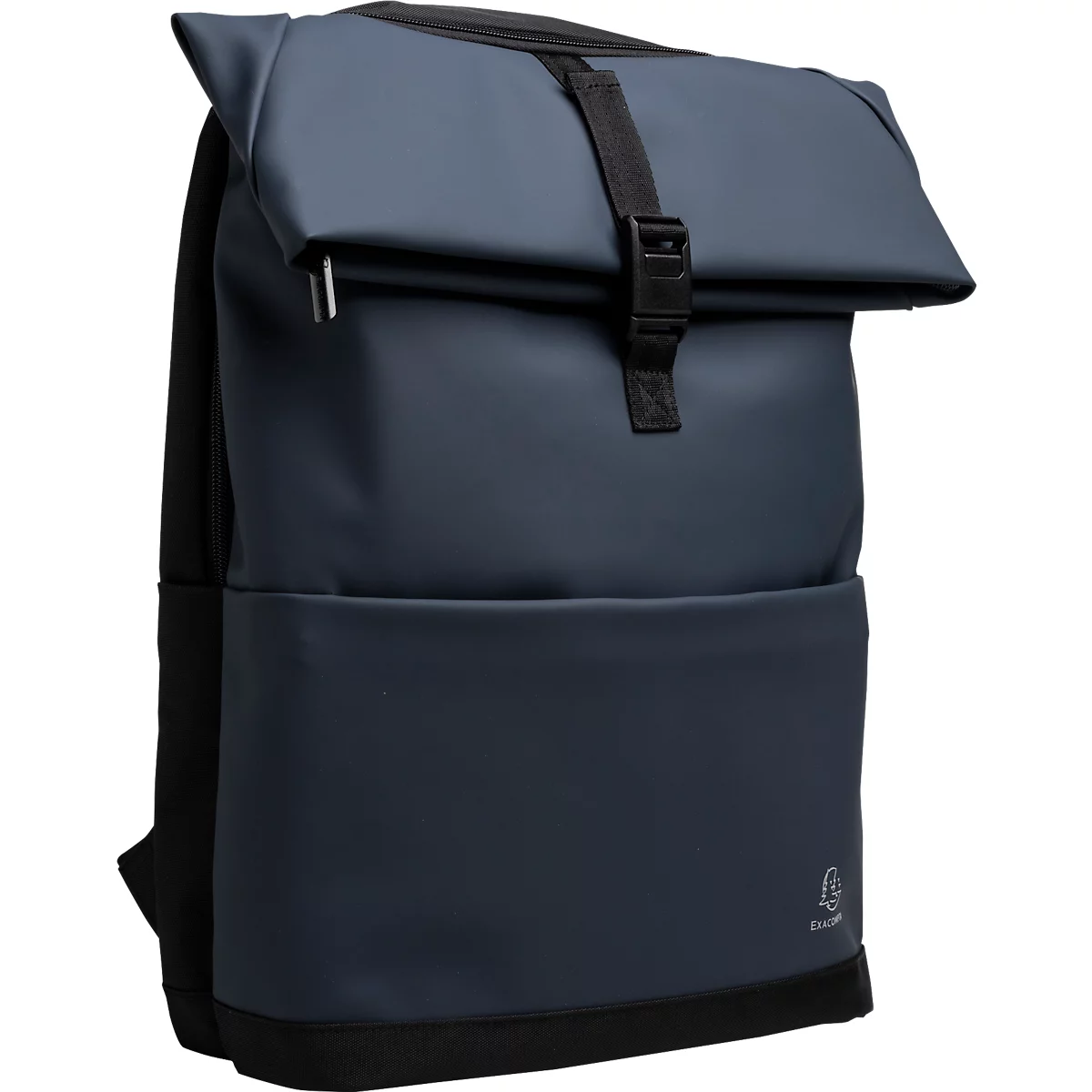 Blauer Rucksack mit schwarzem Verschluss und Gurten.