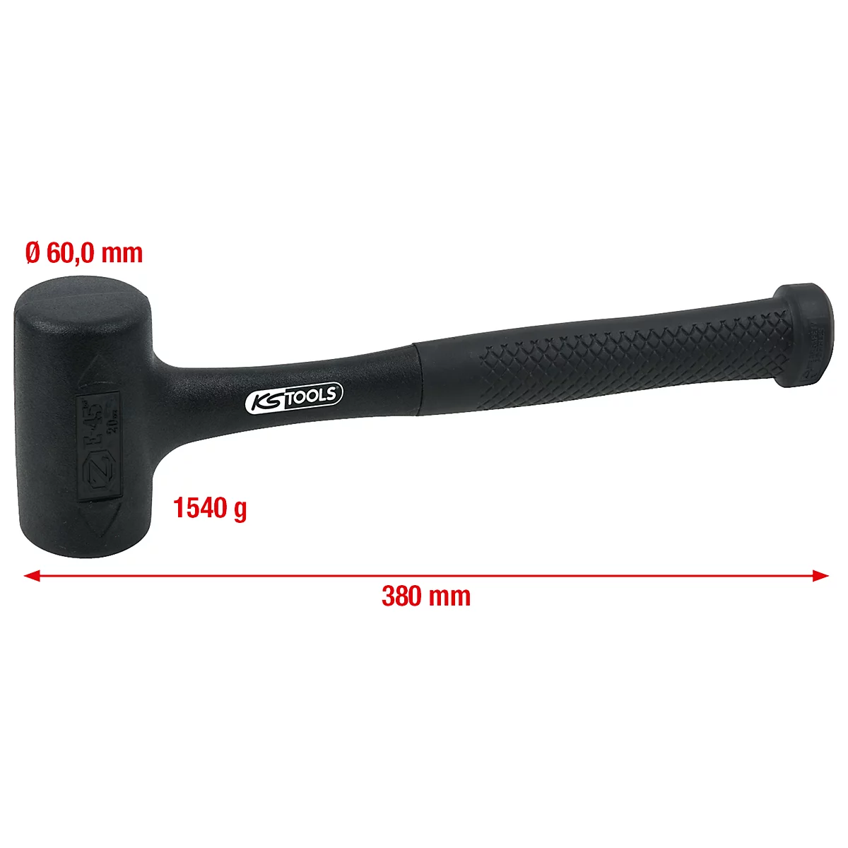 Schwarzer Kunststoffhammer, Seitenansicht. Maße: 380 mm lang, 60,0 mm breit, 1540 g. Marke KS TOOLS.