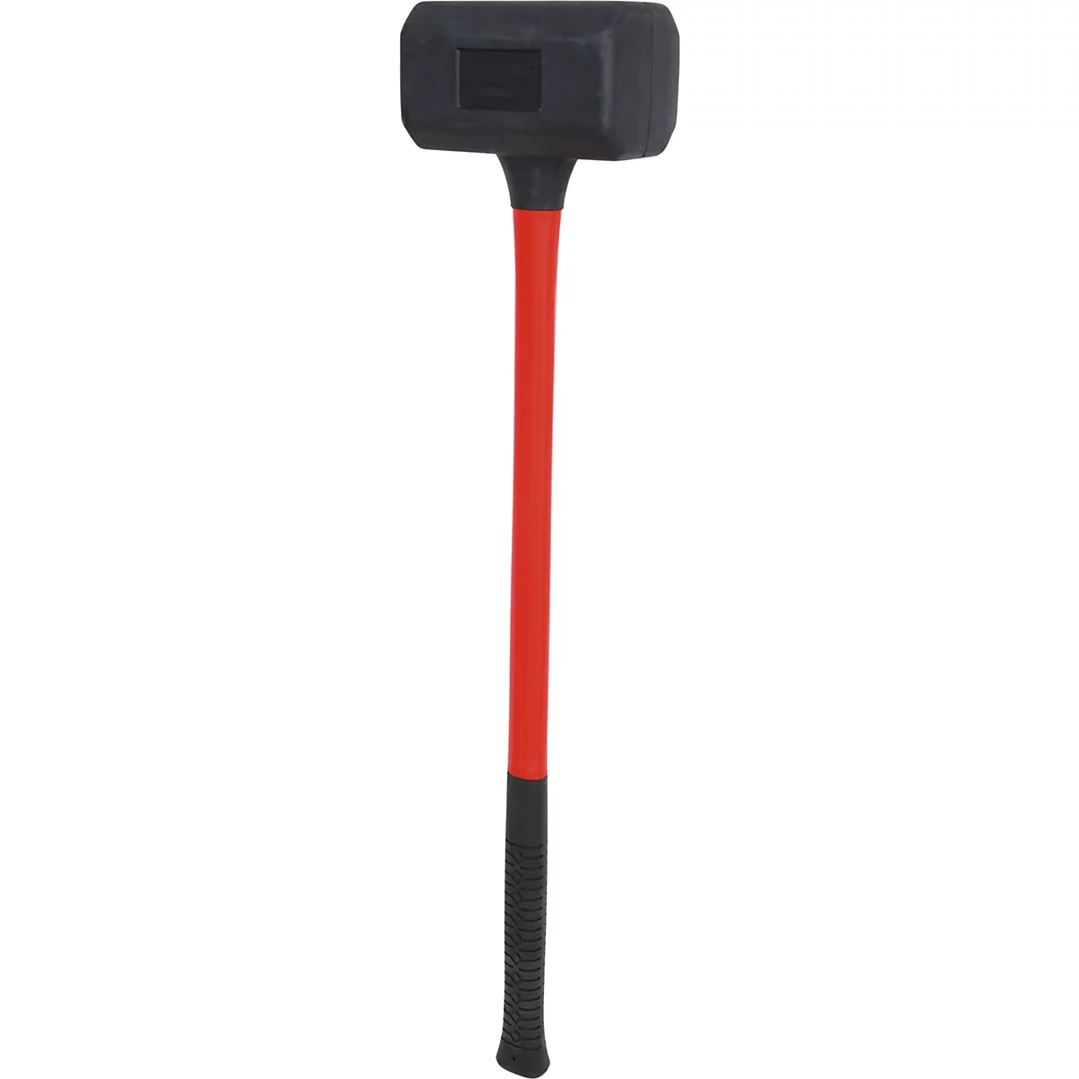 Ein Vorschlaghammer mit schwarzem Hammerkopf und rotem Stiel. Der Griff ist mit schwarzem Gummi umwickelt.